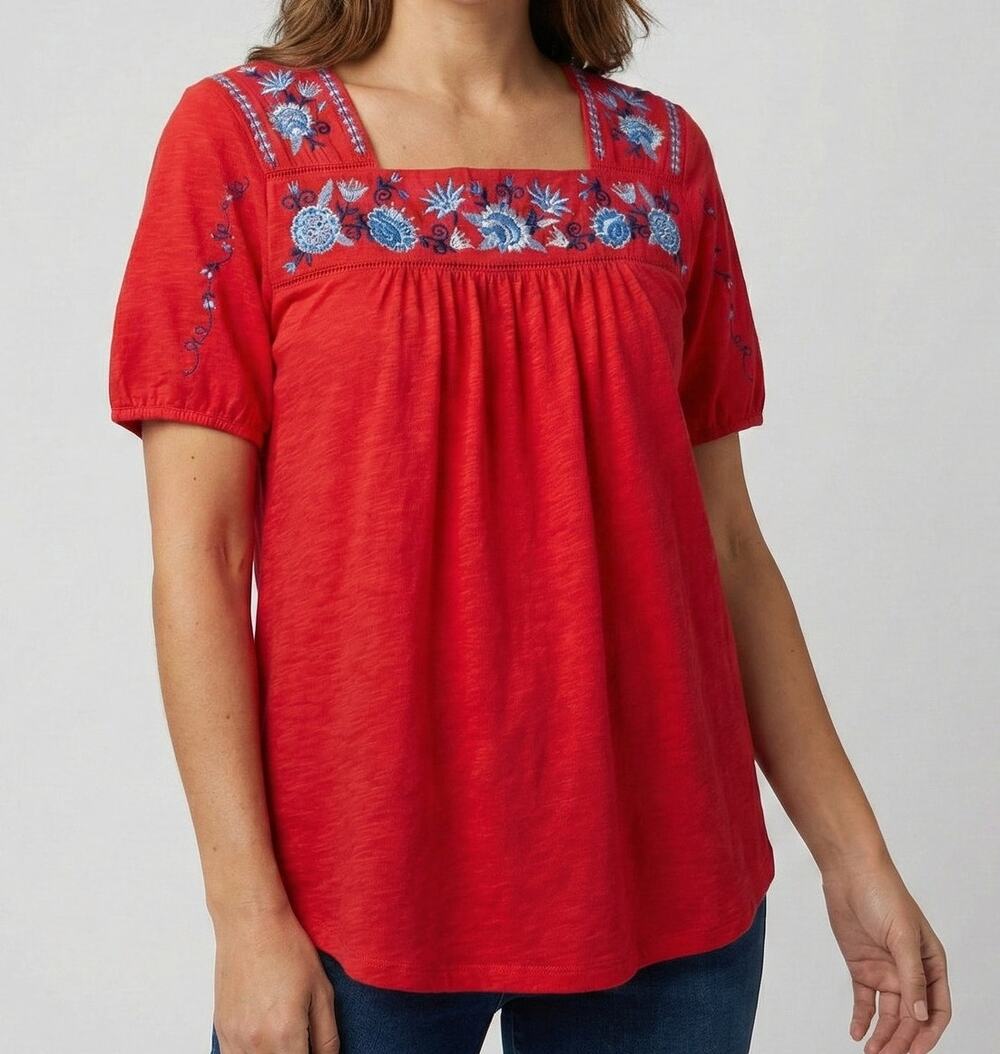 Time and Tru Small 4-6 Red Square Neck Embroidered Top Short Sleeve